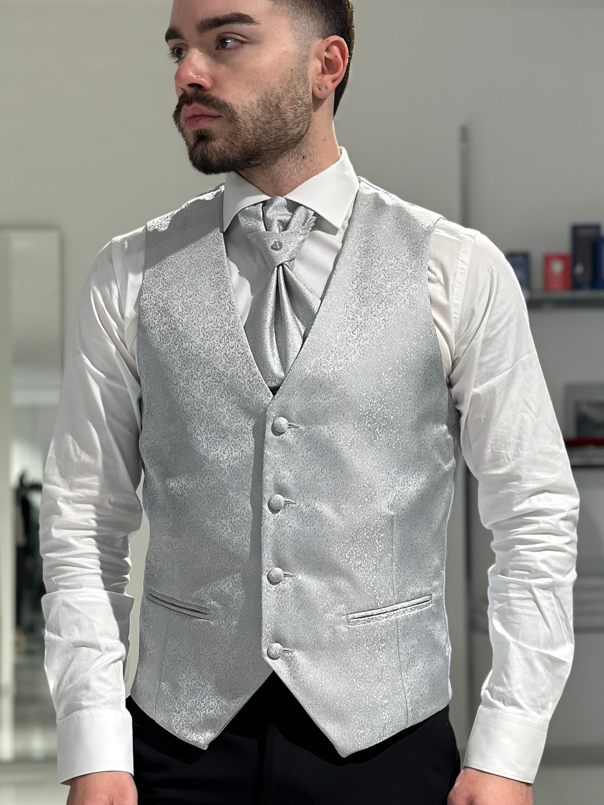 SINGLE BREASTED DAMASK WAISTCOAT GREY